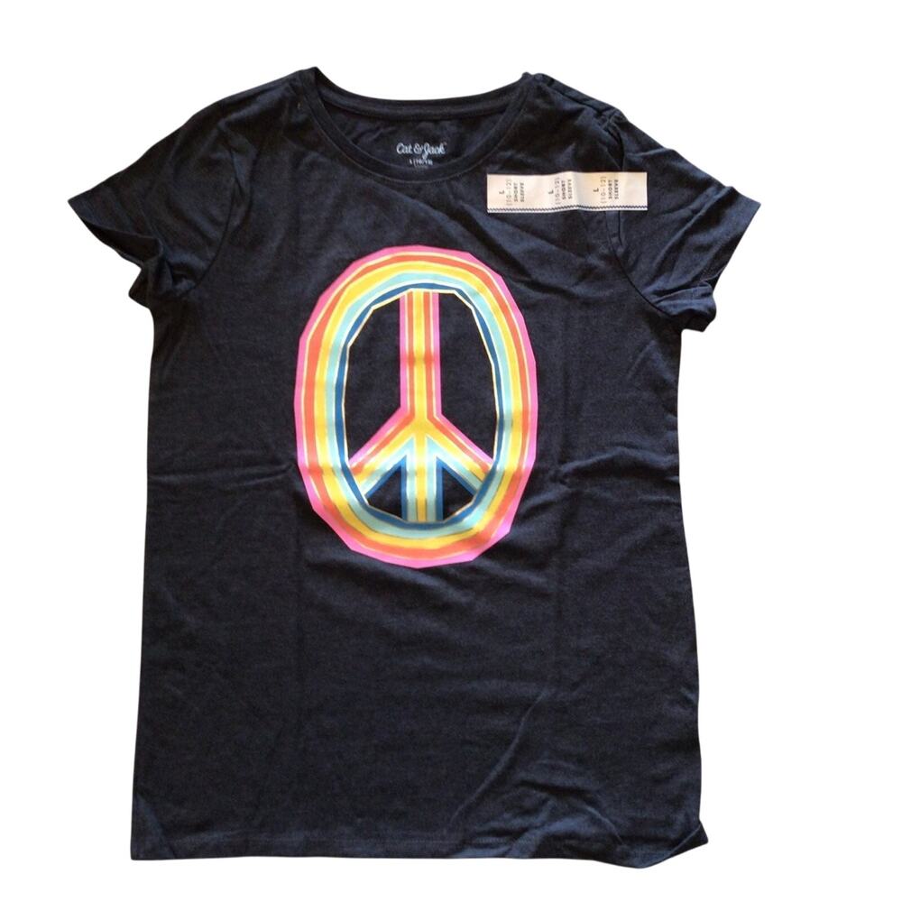 Peace Sign Graphic T-SHIRT Short Sleeve Girls LG 10/12 Rainbow Tee Top Grey NWT